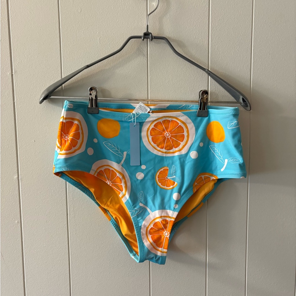 Cupshe Blue Orange Citrus Print High-Waisted Swim Bottoms Womens OX Fits Small